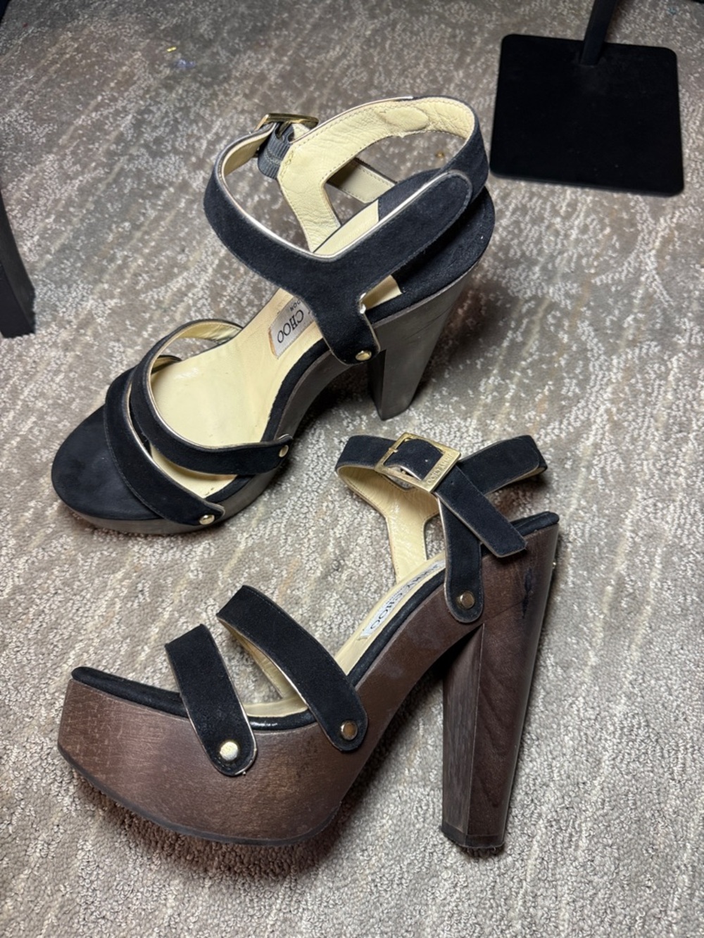 Jimmy Choo Black Suede and Wood Platform Heels - Picture 4 of 7